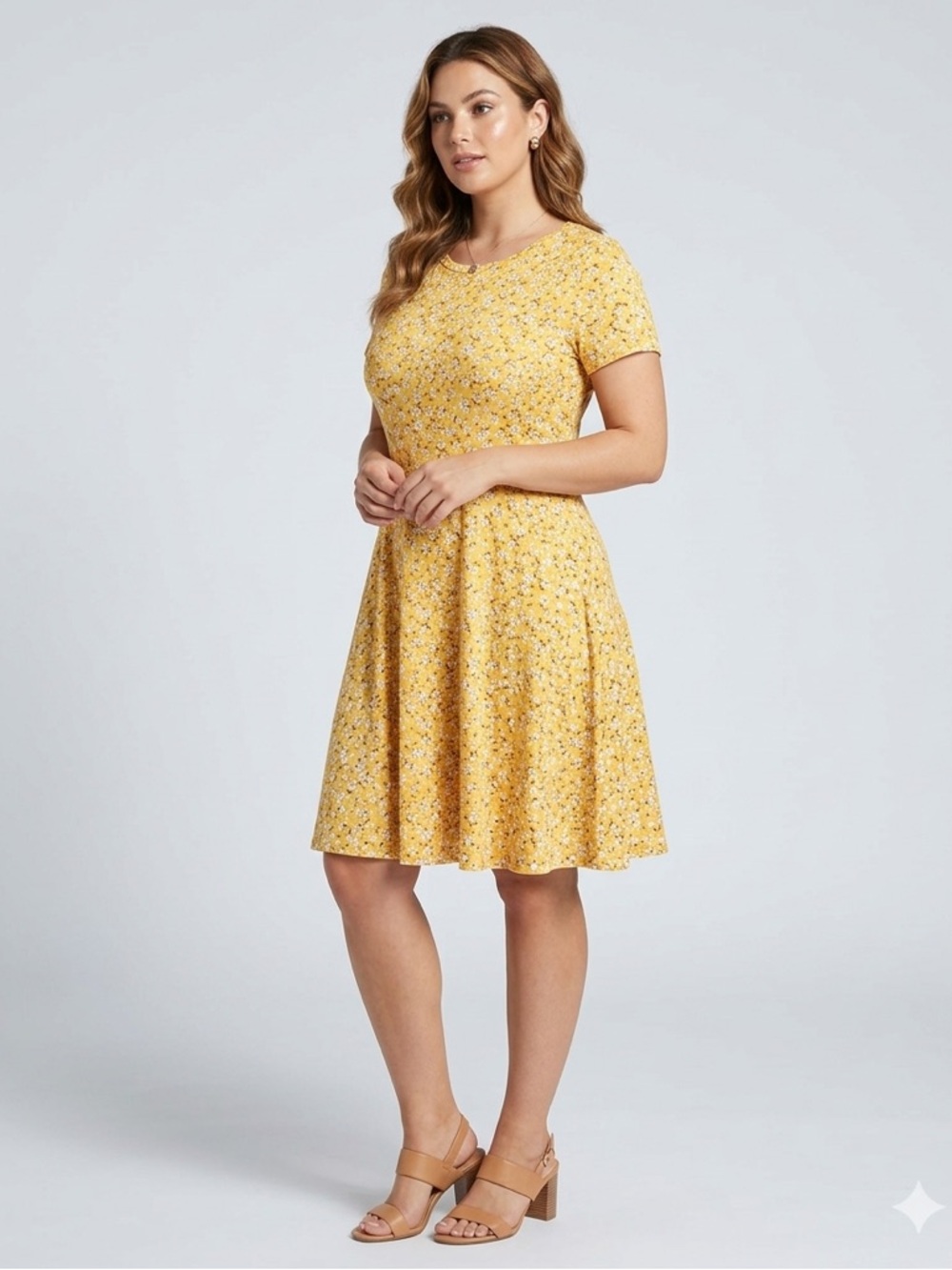 HUHOT Yellow Floral Fit & Flare Dress Soft Stretch Summer Boho large